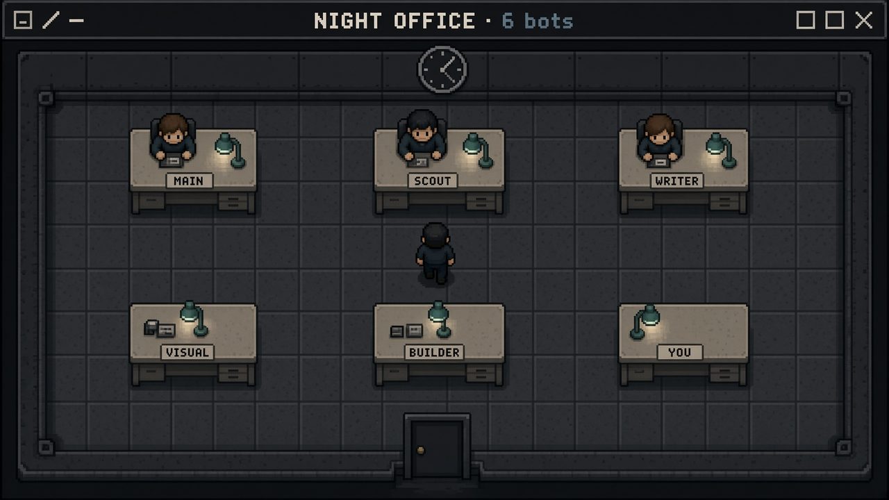 Night office mesh: pixel desks with lamps, one bot walking the aisle