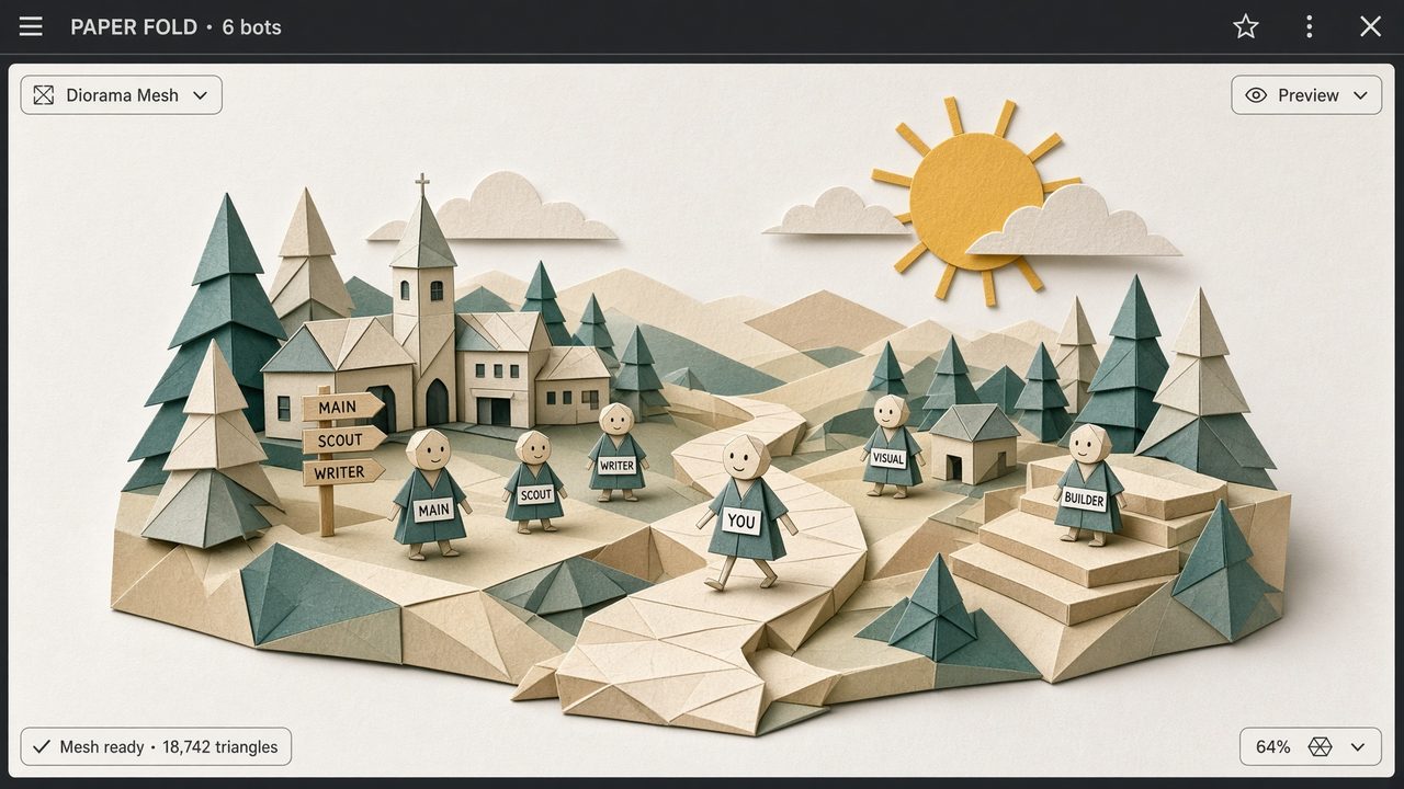 Paper fold mesh: a folded cream town of named paper figures
