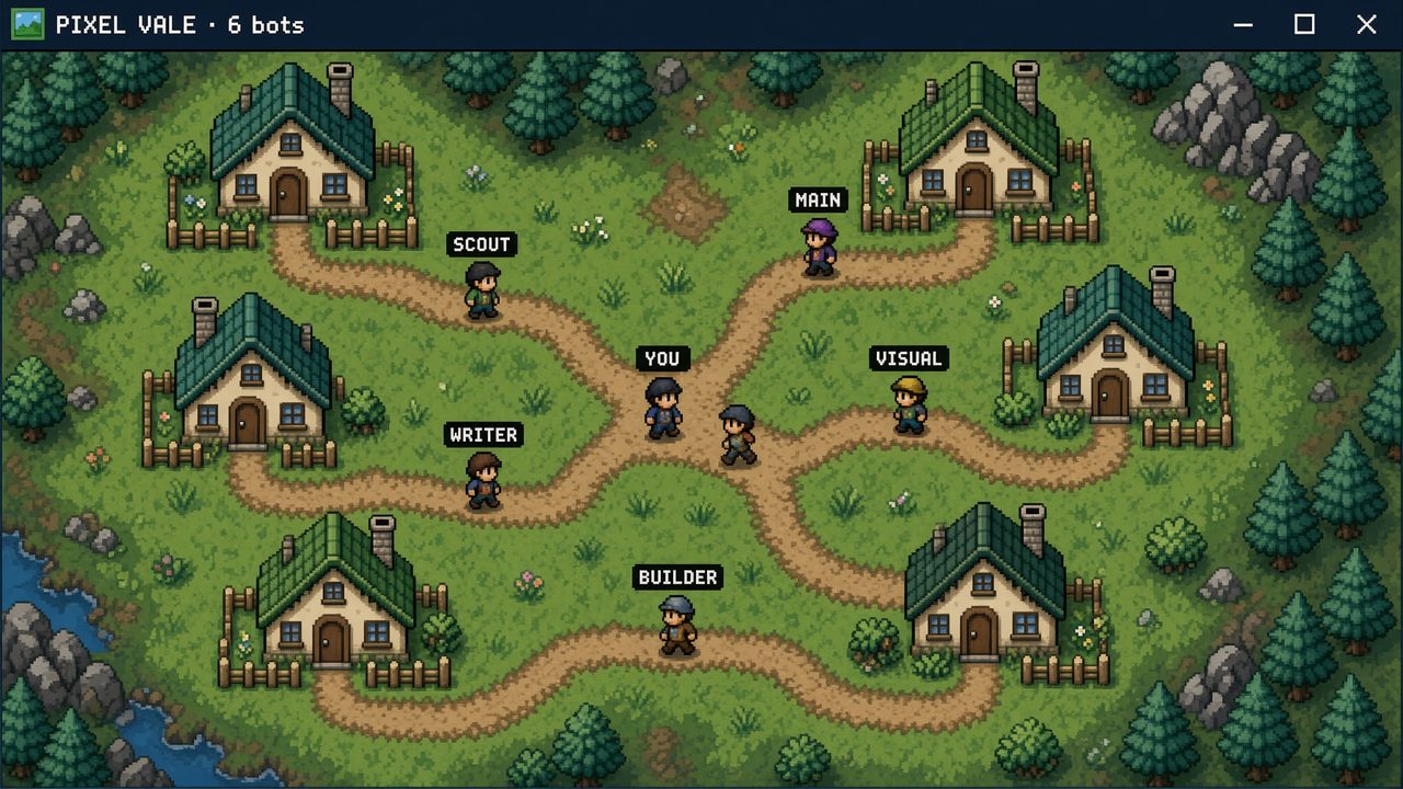 Pixel vale mesh: named villagers on a small vale, one walking a dirt path
